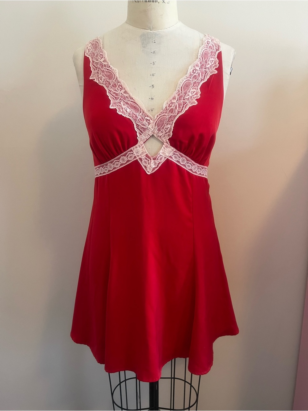 Wild Fae Red Satin Mini Dress with White Lace Trim